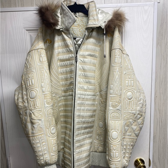 Vilanto EGYPTIAN Men’s Leather Jacket WHITE Leather Gold Embroidered & FUR HOOD - Picture 1 of 14